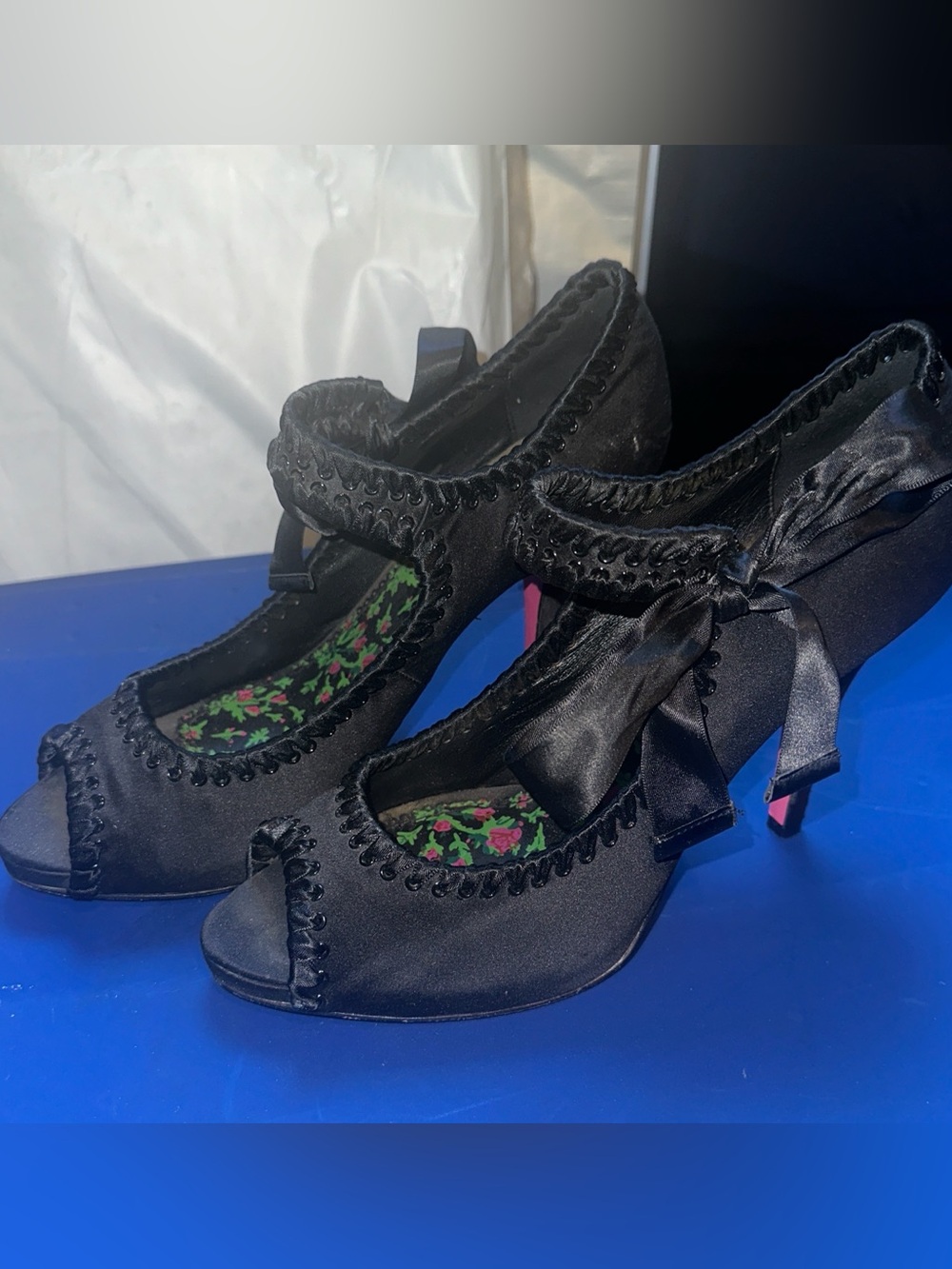 Retro Betsey Johnson Black Satin Calandra Peep Toe Pumps, Size 10